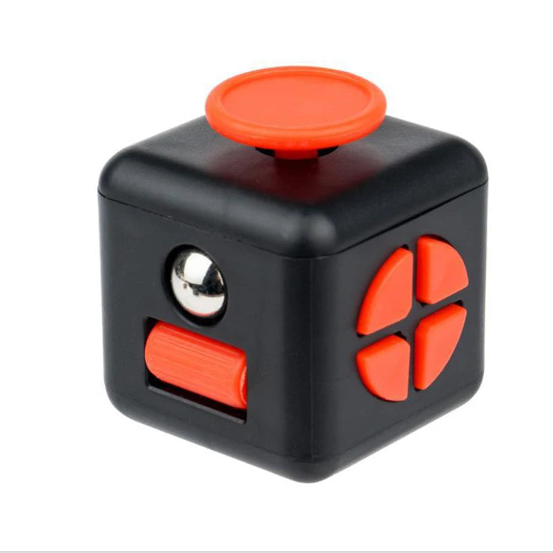 black and orange fidget cube with rocker switch and silicone buttons for silent stress relief