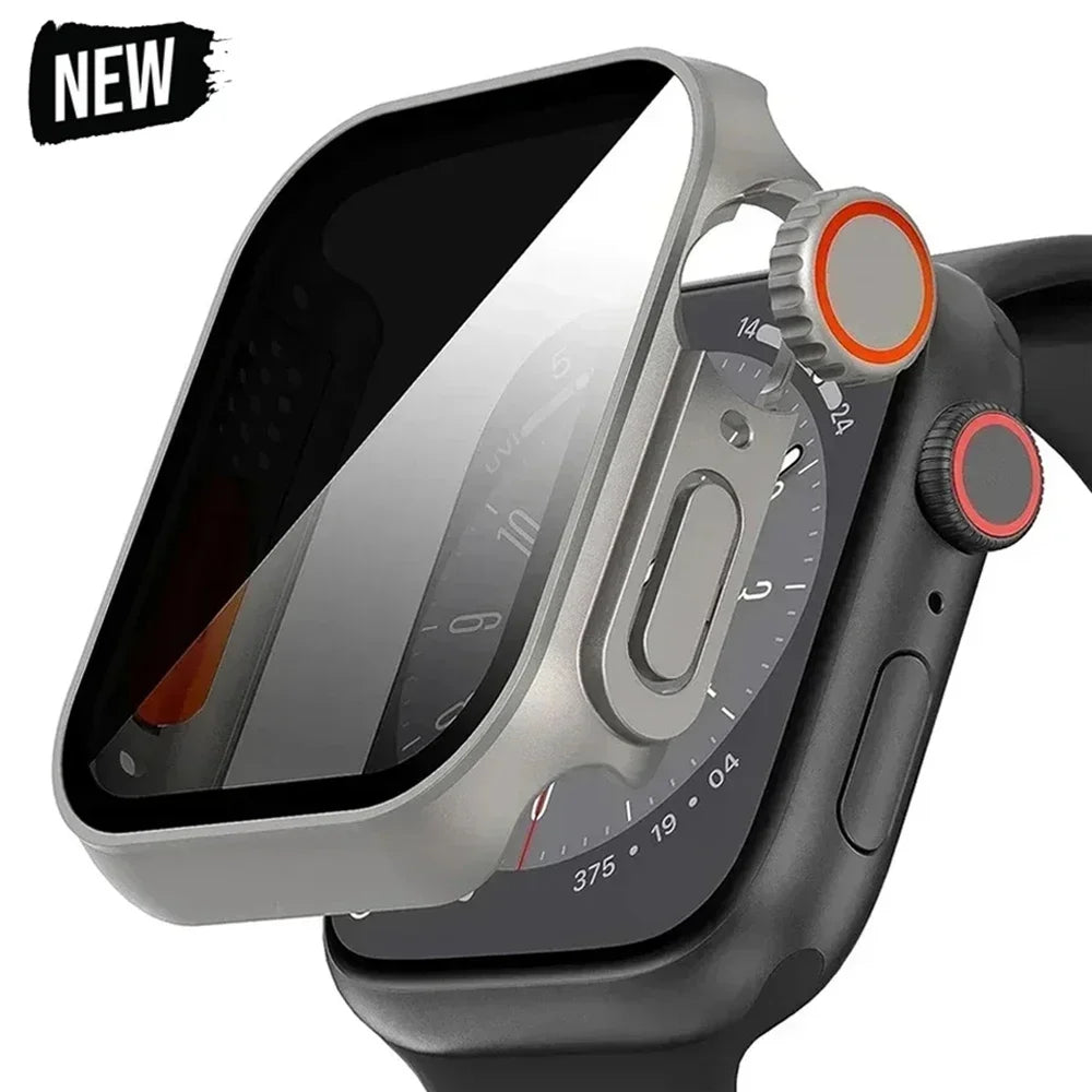 A clear protective screen cover for an Apple Watch, shown fitted over a dark gray watch with a black band. The image features a 'NEW' graphic badge in the top-left corner and is set against a plain white background.