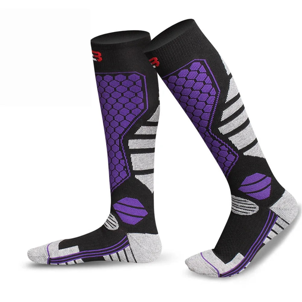 Thickened breathable compression long tube sports socks in purple and black variant