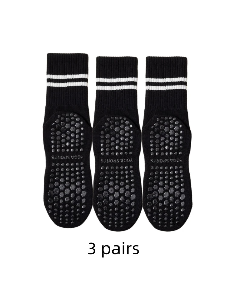 3 pairs of solid black women pilates socks with non slip silicone bottom grips for barre and dance