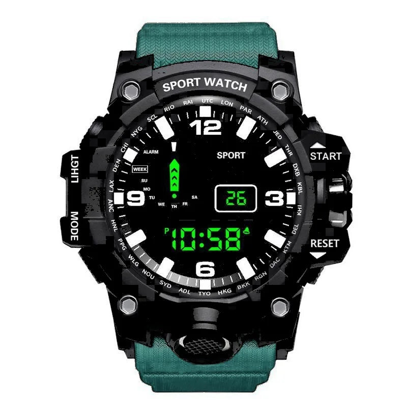 Digital sports watch with green strap and black casing on a white background