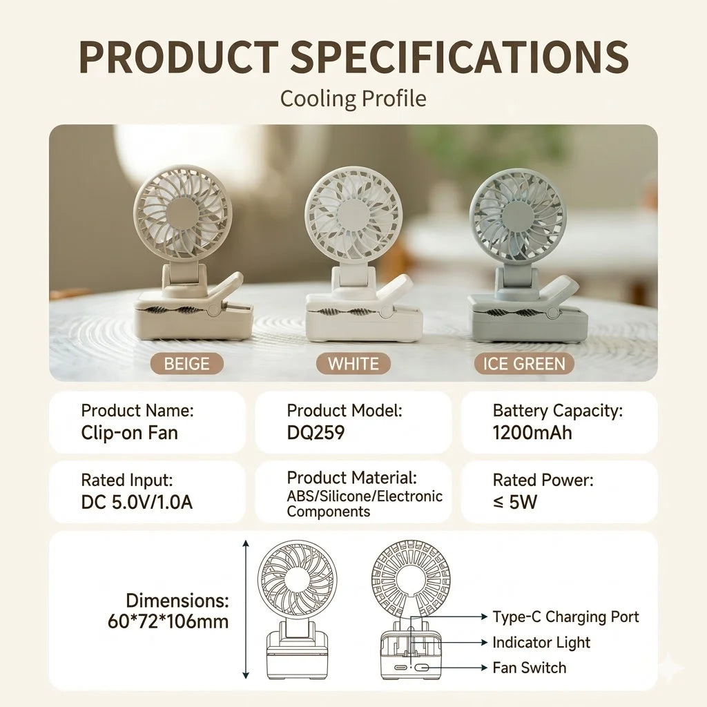 Portable Clip-On Fan UK 1200mAh USB-C Rechargeable Desk Fan