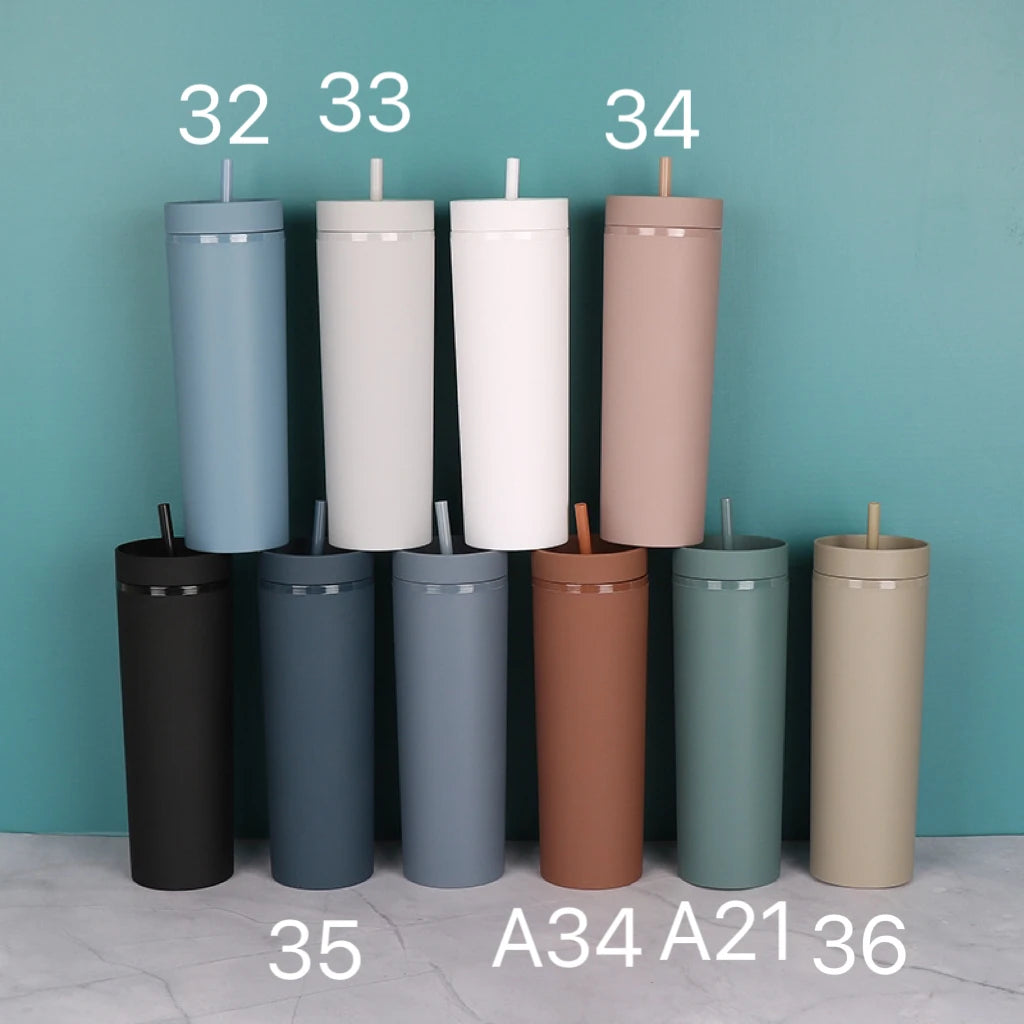 Double Wall Skinny Tumbler 473ml/480ml Cup with Straw & Lid