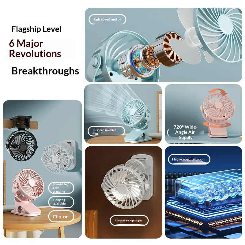Portable Rechargeable Clip Fan with Night Light 360° 3-Speed USB