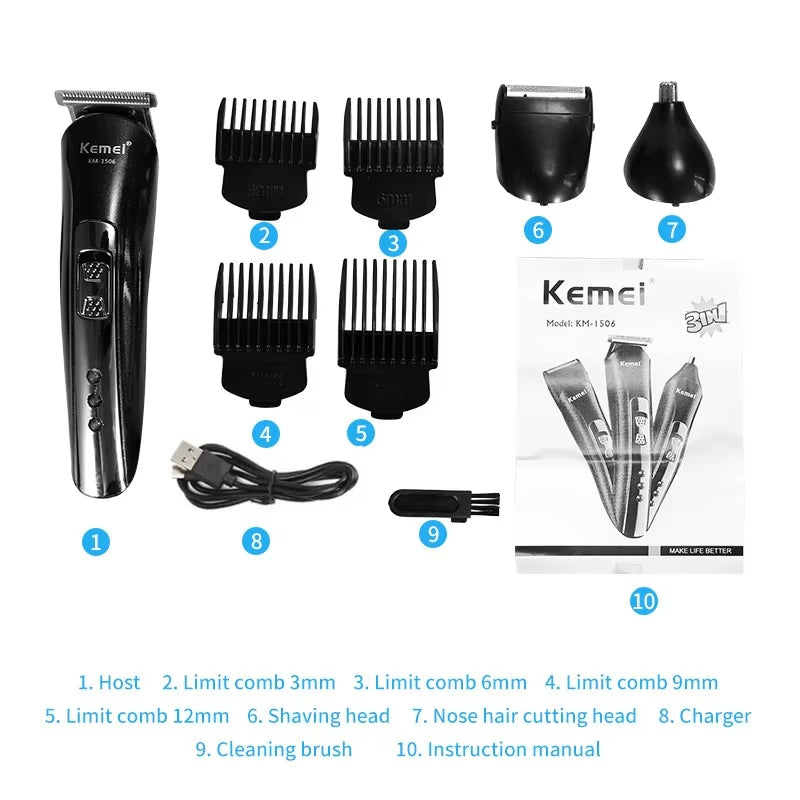 Kemei KM1506 Hair Clipper 3in1 Trimmer USB Recharge Beard Nose Shaver