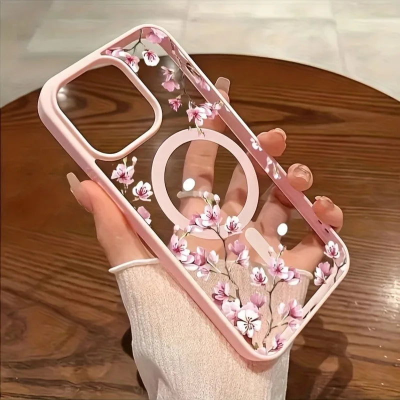 Pink Cherry Floral Magnetic Phone Case for iPhone 17 16 15 14 Pro Max