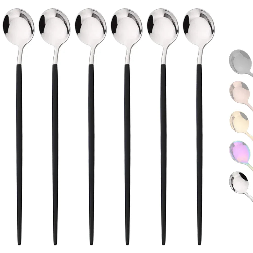 6Pcs Gold Ice Spoon Set – Long Handle Stainless Steel Coffee & Tea Stir Spoons