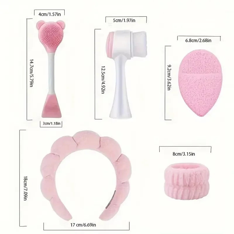 Face Wash Beauty Set 7pcs Headband Brush Cosmetic Bag Puff Kit