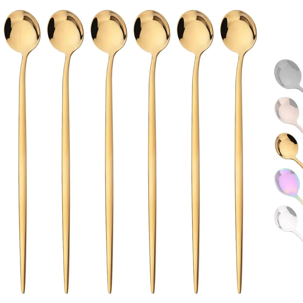 6Pcs Gold Ice Spoon Set – Long Handle Stainless Steel Coffee & Tea Stir Spoons