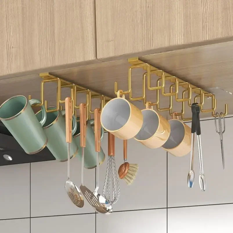 Under Shelf Mug Cup Hanger Double Row Kitchen Cabinet Hook Rack Main image