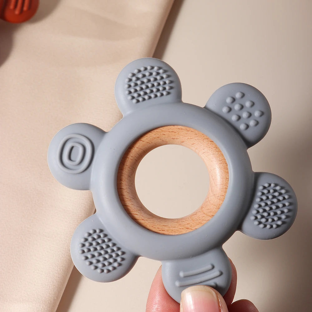 Baby Wooden Flower Teether Food Grade Silicone Toy