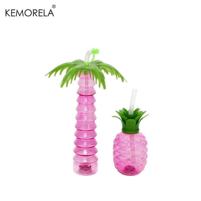 Tropical Theme Plastic Cup Pineapple & Coconut Tree Bottle with Straw