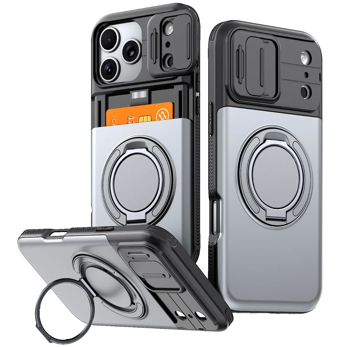 Phone case with card slot and ring stand on a white background