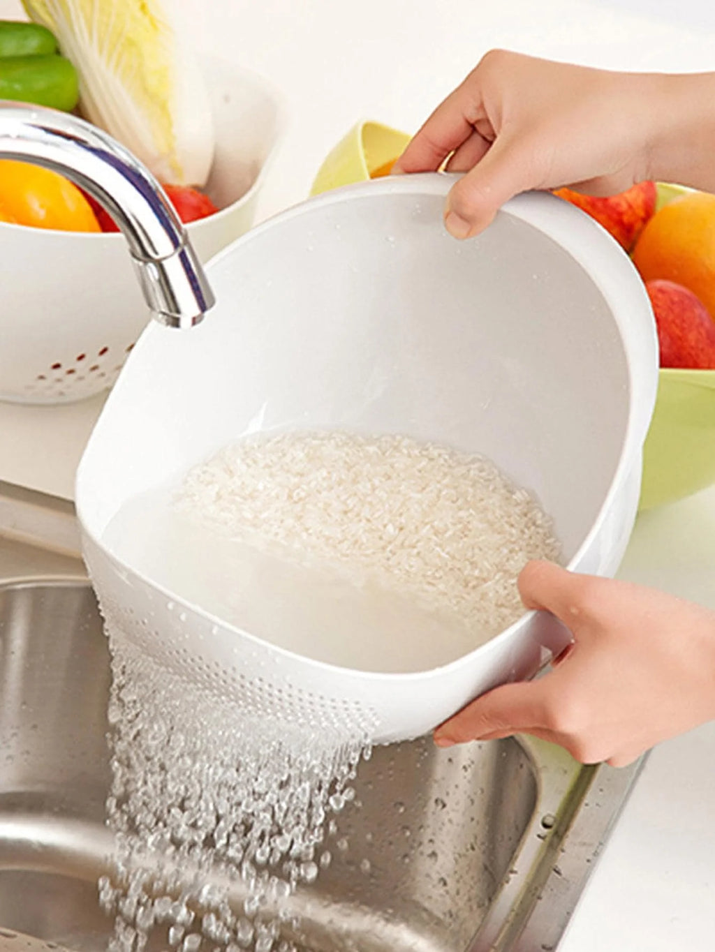Colander Rice Bowl Drain Basket – Fruit Washing & Kitchen Strainer Organizer