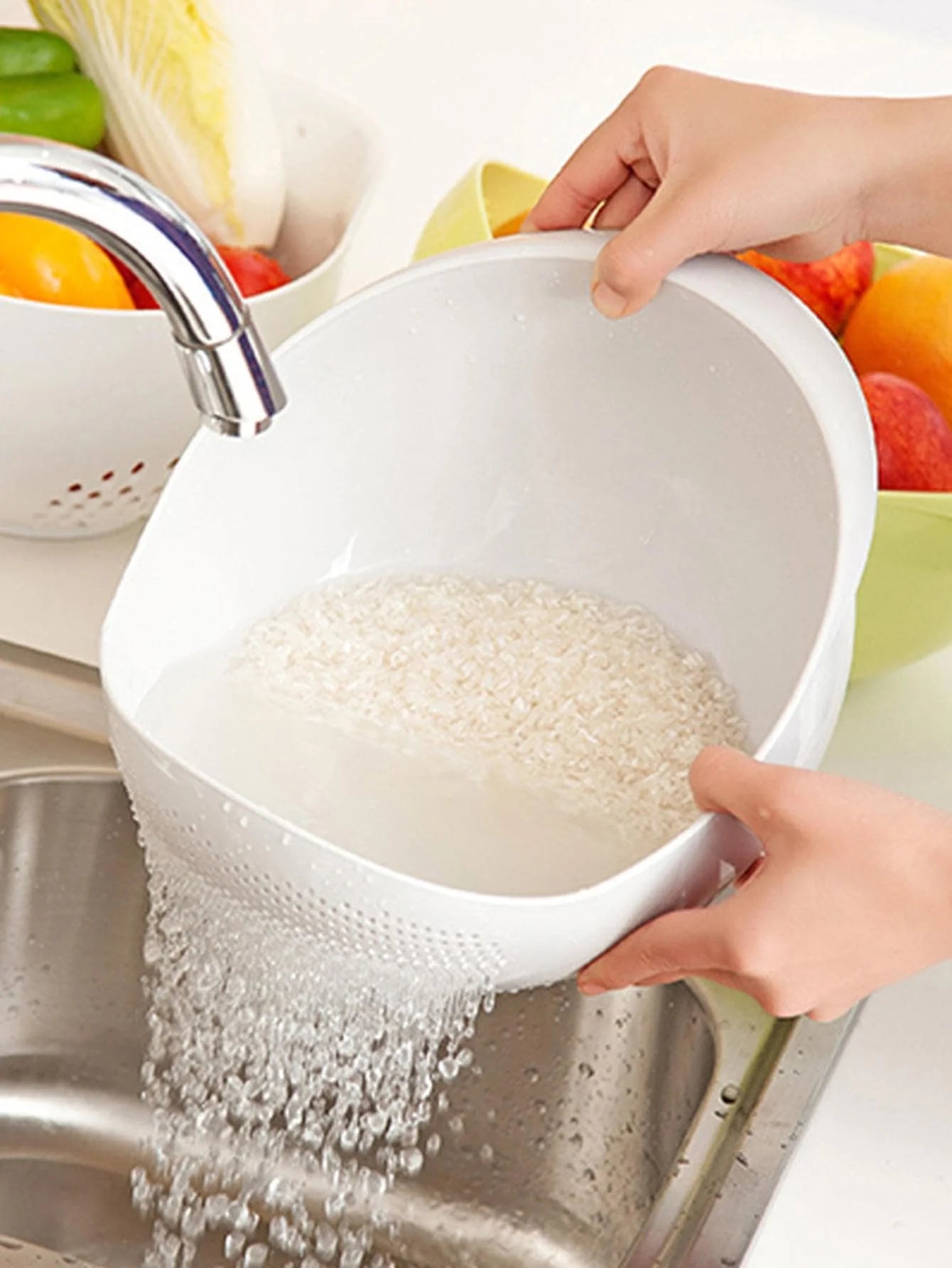 Colander Rice Bowl Drain Basket – Fruit Washing & Kitchen Strainer Organizer