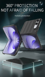 A dark gray rugged protective case shown on a smartphone, with two views of the same case floating above a reflective platform. The case has a thick black bumper edge and a textured back panel.