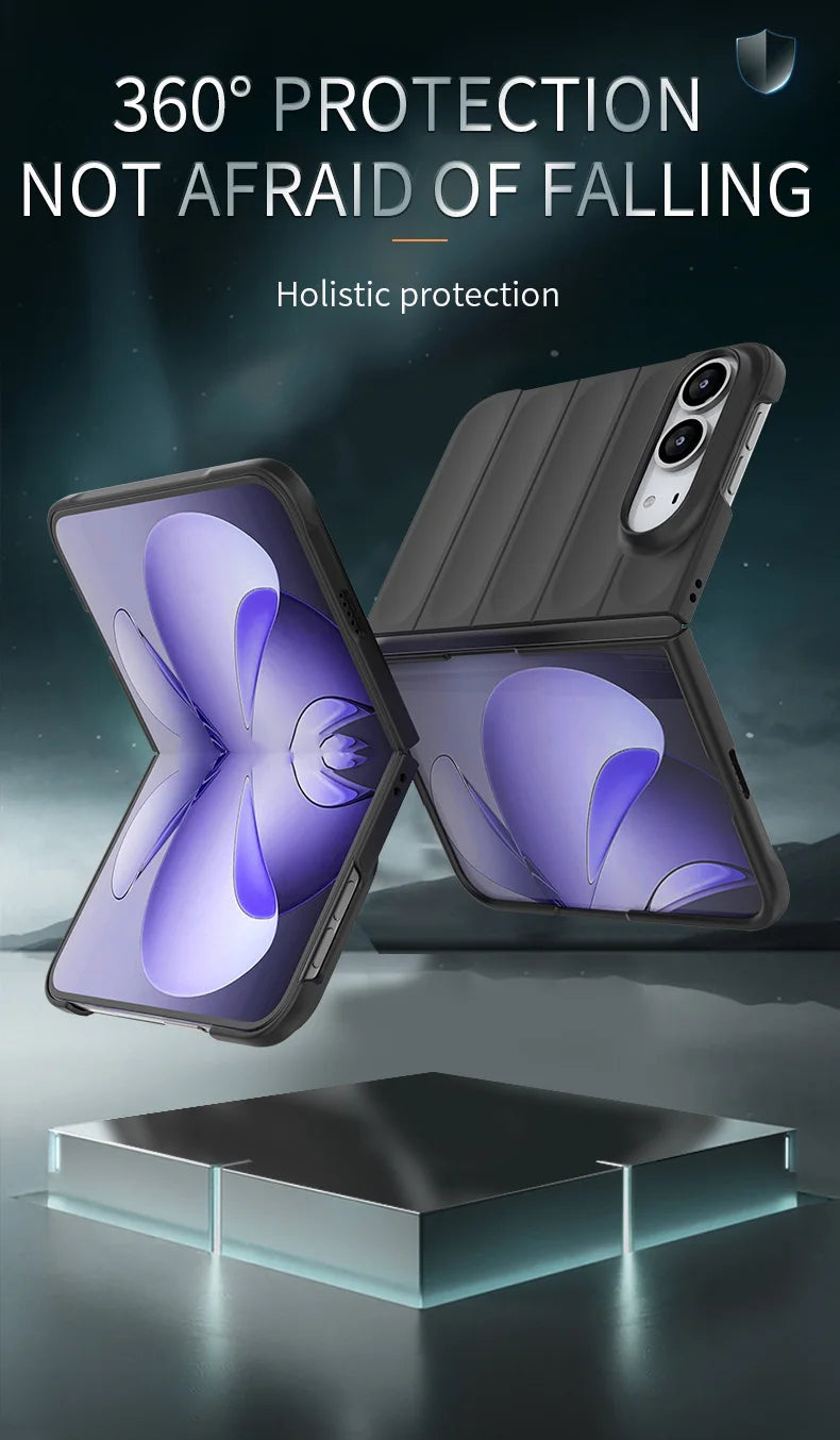 A dark gray rugged protective case shown on a smartphone, with two views of the same case floating above a reflective platform. The case has a thick black bumper edge and a textured back panel.