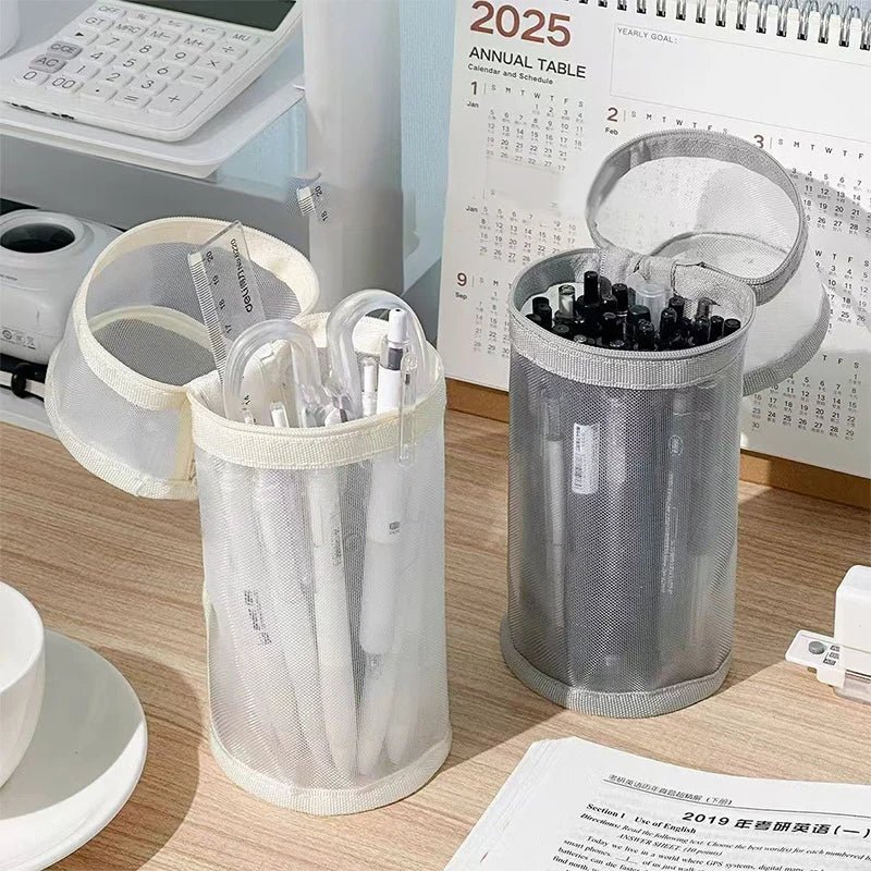 Clear Mesh Pencil Case Portable Standing Pen Holder Organizer