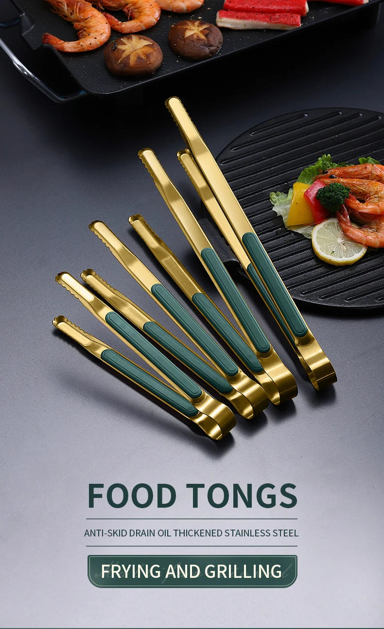 Gold Stainless Steel Food Tongs – Non-Slip BBQ, Salad & Bread Serving Tongs
