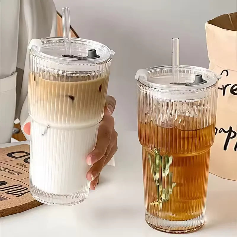 Large Capacity Stripe Glass Coffee Cup Iced Coffee Mug with Straw