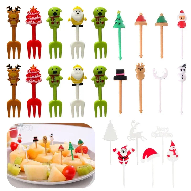 Christmas Fruit Fork Set Santa, Snowman & Elk Cupcake Toppers Decorations