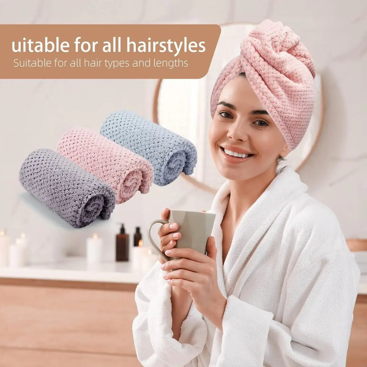 Absorbent Hair Towel Wrap Button Fast Dry Hair Turban for Women