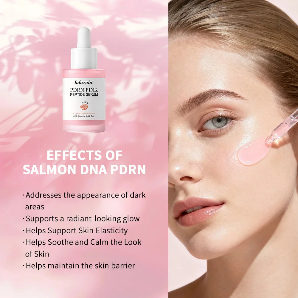 Laherine PDRN Pink Peptide Serum with a woman's face and text on a pink background