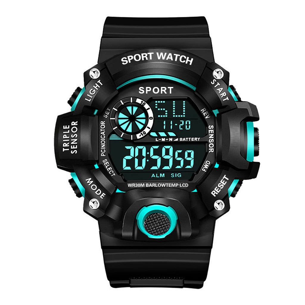Black and teal digital sports watch on a white background