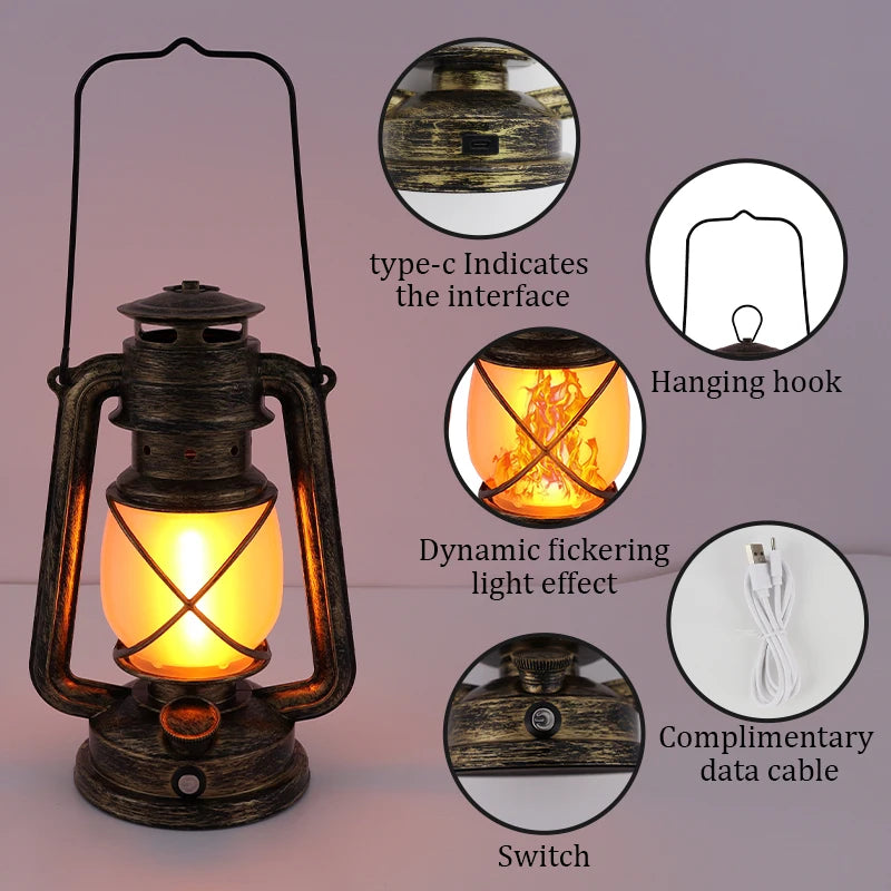 USB Rechargeable Retro Flame Camping Lantern LED Light