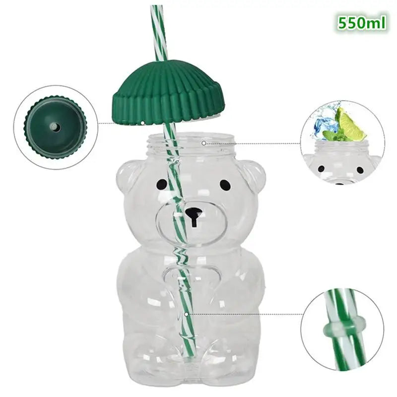 550ml Cartoon Bear Cup with Straw Cute Transparent Coffee & Water Mug