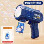 dark blue bubble gun for kids side profile showing comfortable ergonomic grip handle