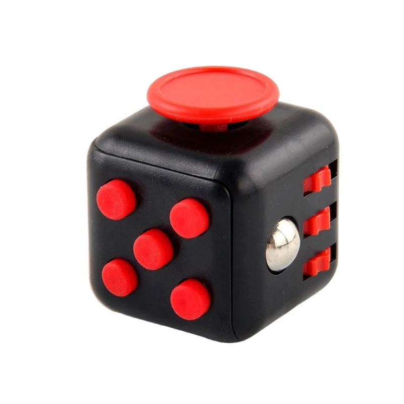 Black fidget cube with red buttons on a white background