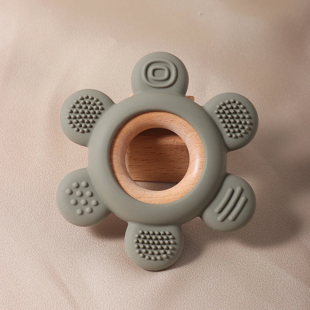 Baby Wooden Flower Teether Food Grade Silicone Toy