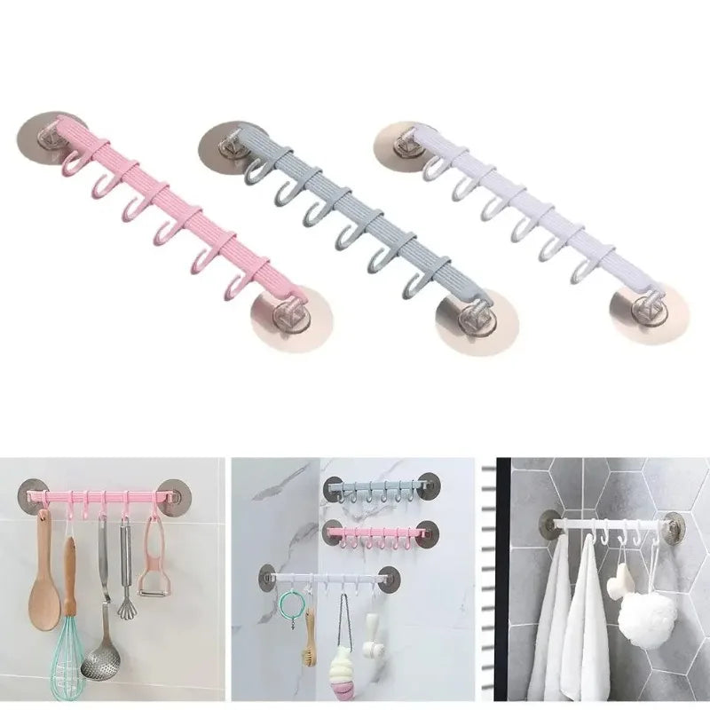 White Suction Cup Hook Rack 6-Row No-Drill Corner Wall Hanger
