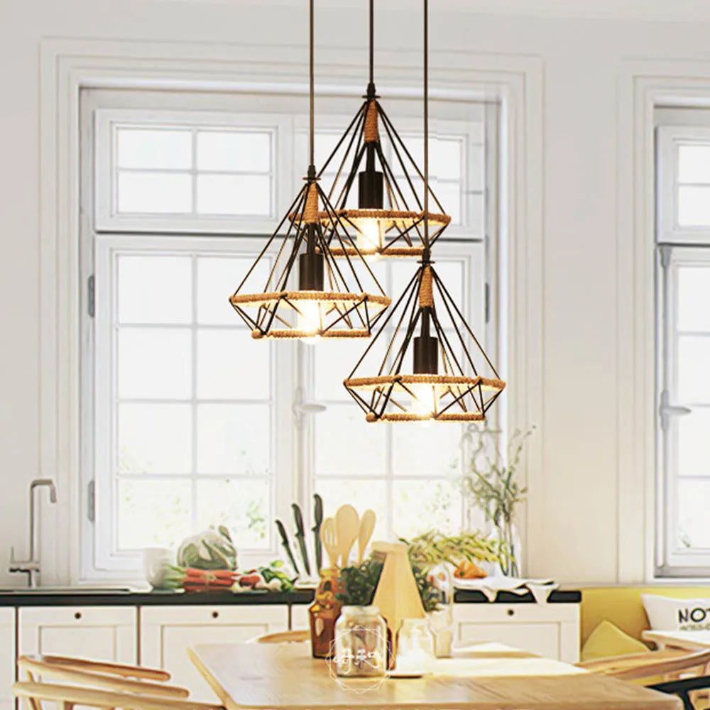 E27 Industrial Loft Pendant Light with Hemp Rope Design