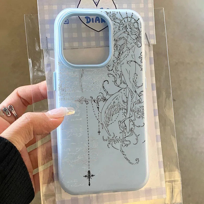 Gothic Angel Cross Line Phone Case for iPhone 11 12 13 14 15 16 17
