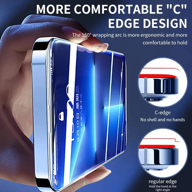 Hand holding a blue phone case with 'C' edge design features highlighted.