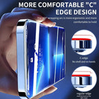 Hand holding a blue phone case with 'C' edge design features highlighted.