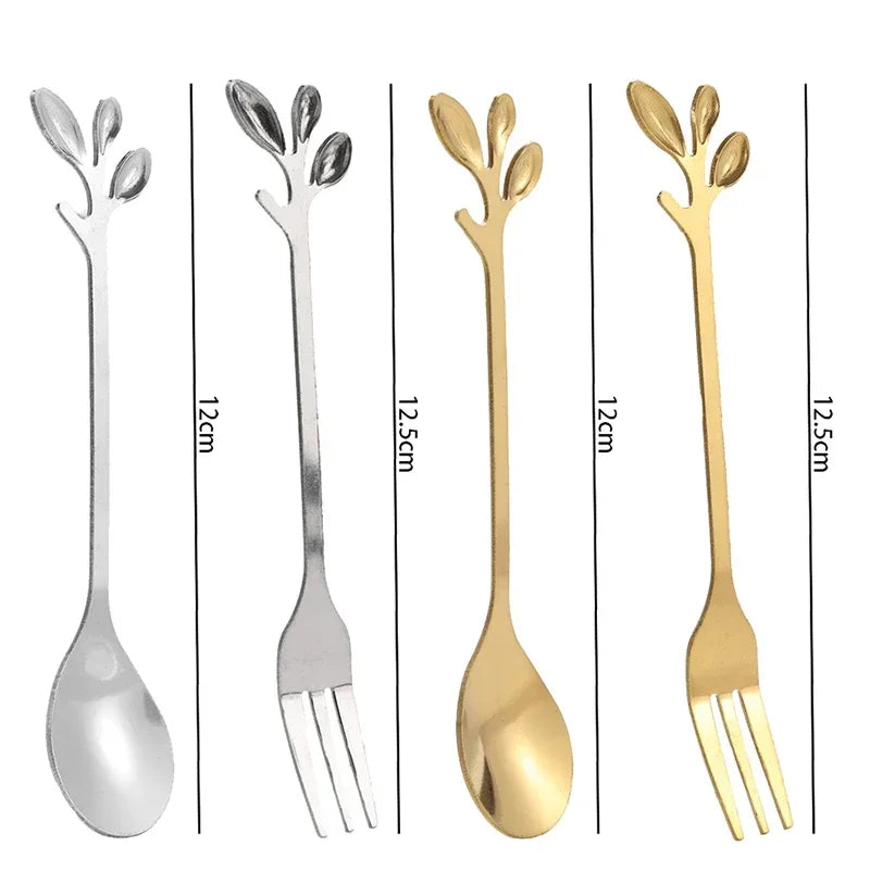 Leaf Coffee Spoon Set Stainless Steel – Gold & Silver Dessert Stirring Spoons