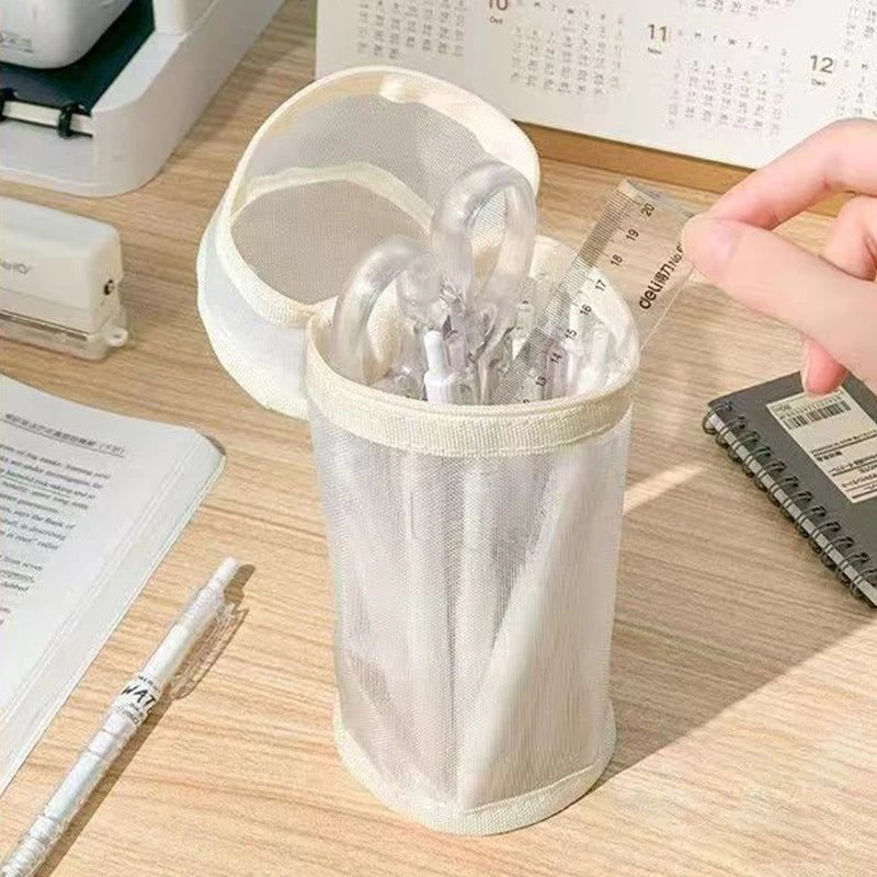 Clear Mesh Pencil Case Portable Standing Pen Holder Organizer