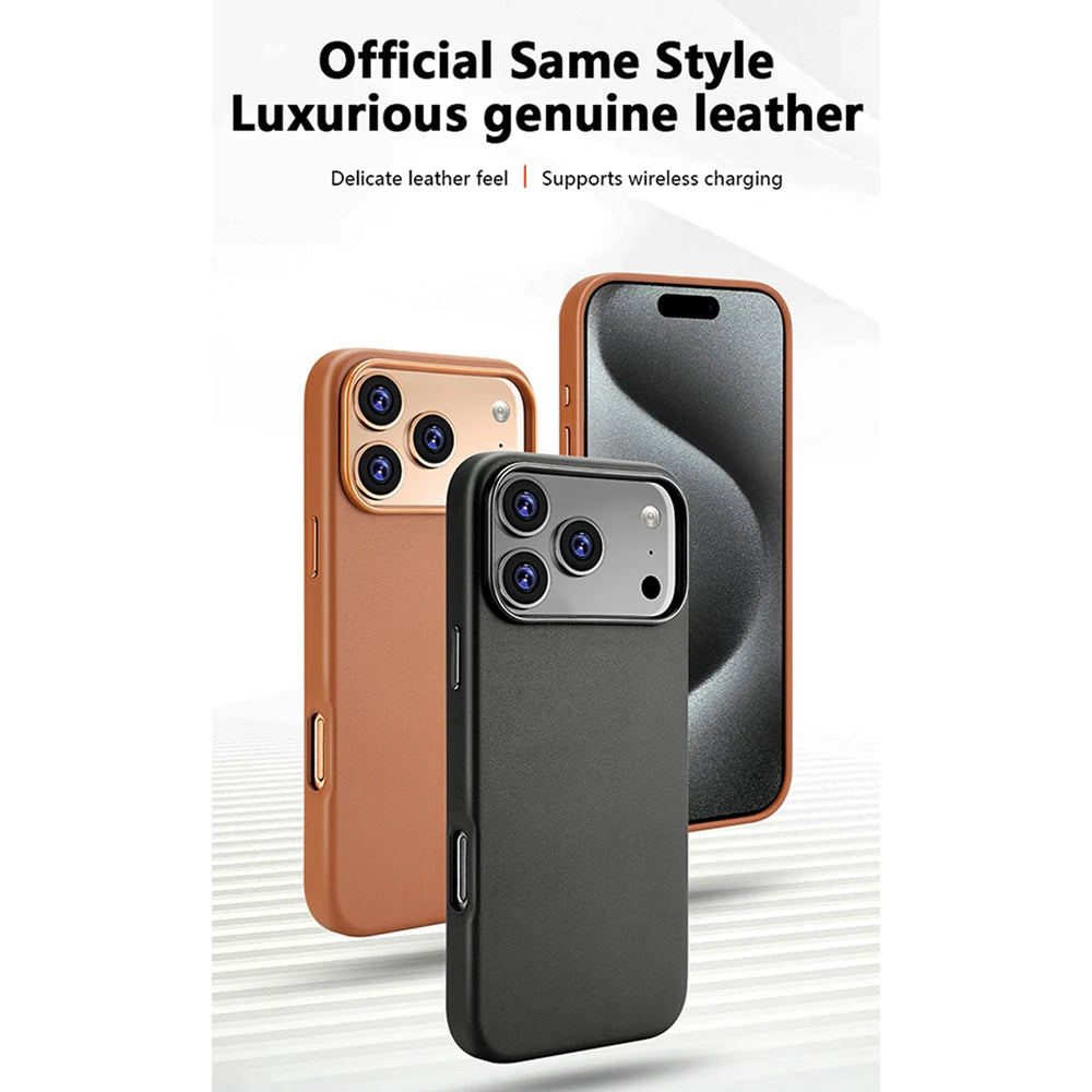 Three phone cases in black, brown, and gold on a white background with text about luxurious genuine leather. Main image