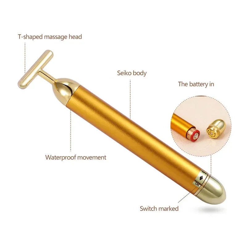 24K Gold T Shape Beauty Bar Face Roller Pulse Firming Massager