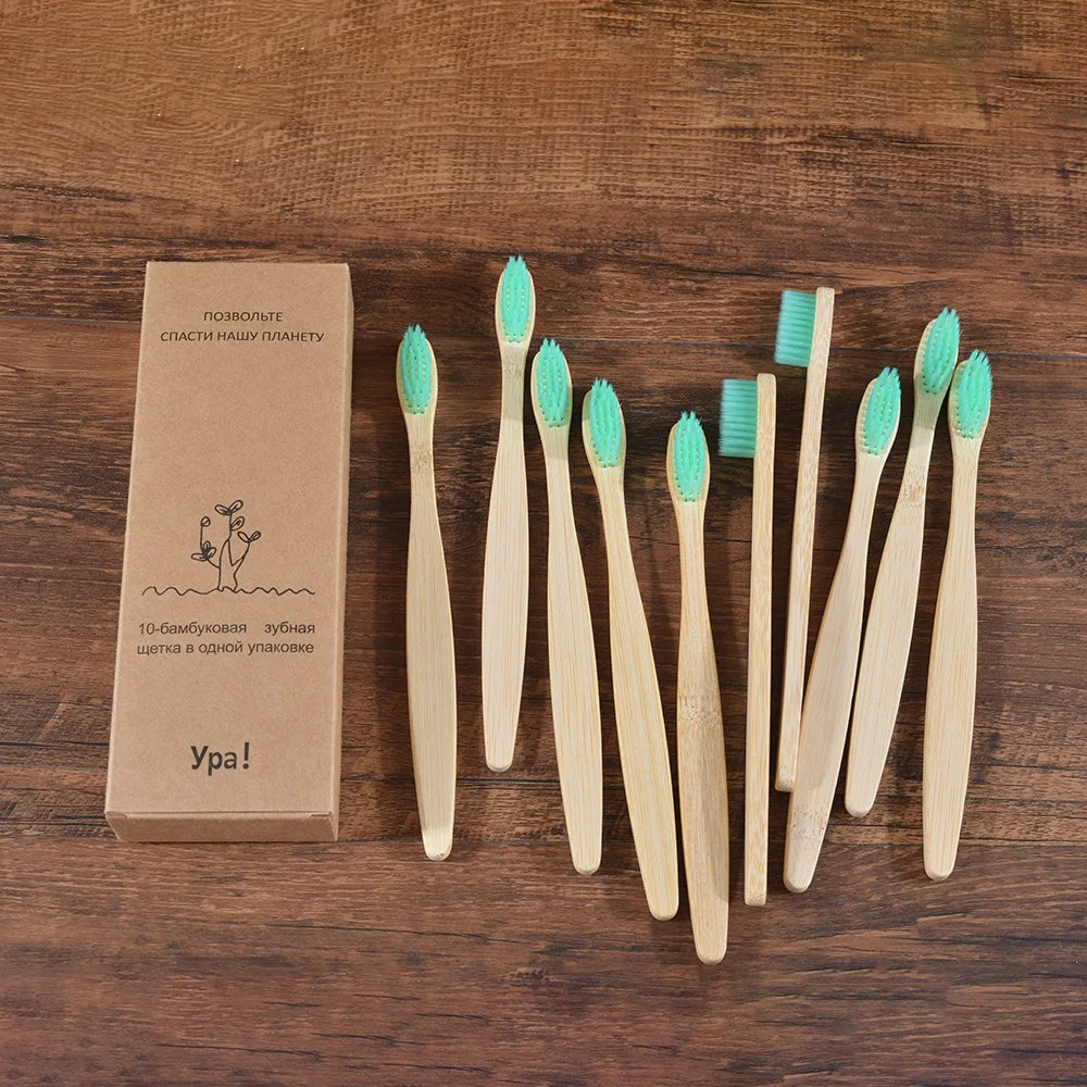 10PCS Bamboo Toothbrush Set Soft Charcoal Bristle Eco Dental Care