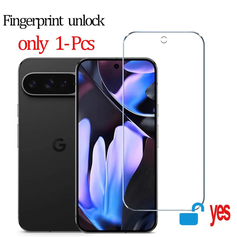 Smartphone with screen protector and text about fingerprint unlock feature