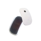 White pet grooming brush with black bristles on a white background