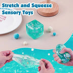 hands squeezing a soft squishy stress balls cube to relieve anxiety and test durable slow rise gel