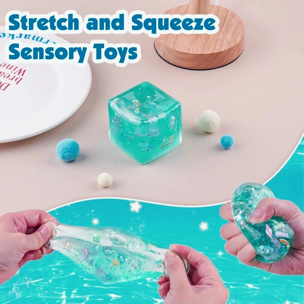 hands squeezing a soft squishy stress balls cube to relieve anxiety and test durable slow rise gel