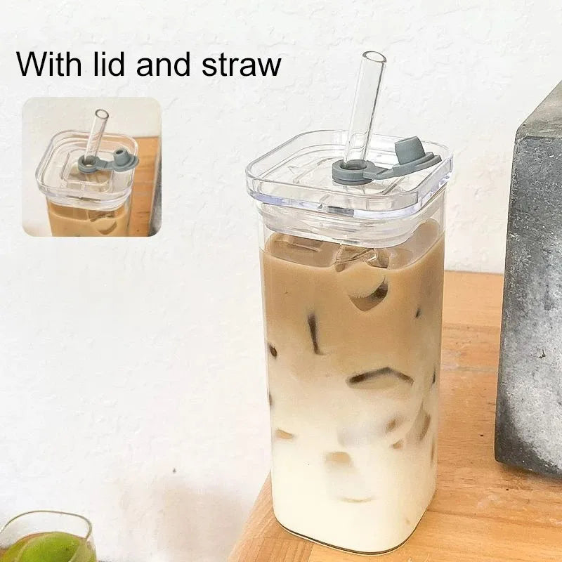 Square Glass Coffee Cup with Straw Heat Resistant Mug with Lid