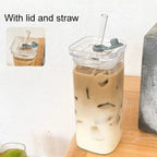 Square Glass Coffee Cup with Straw Heat Resistant Mug with Lid