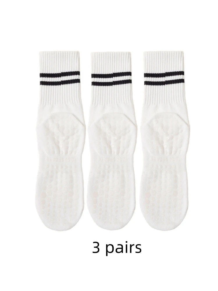 Pack of 3 pairs white pure cotton yoga socks featuring top stripes and breathable fitness material